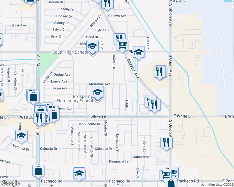map of restaurants, bars, coffee shops, grocery stores, and more near 3821 Pontiac Street in Bakersfield