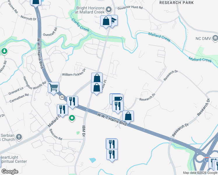 map of restaurants, bars, coffee shops, grocery stores, and more near 1945 J N Pease Place in Charlotte