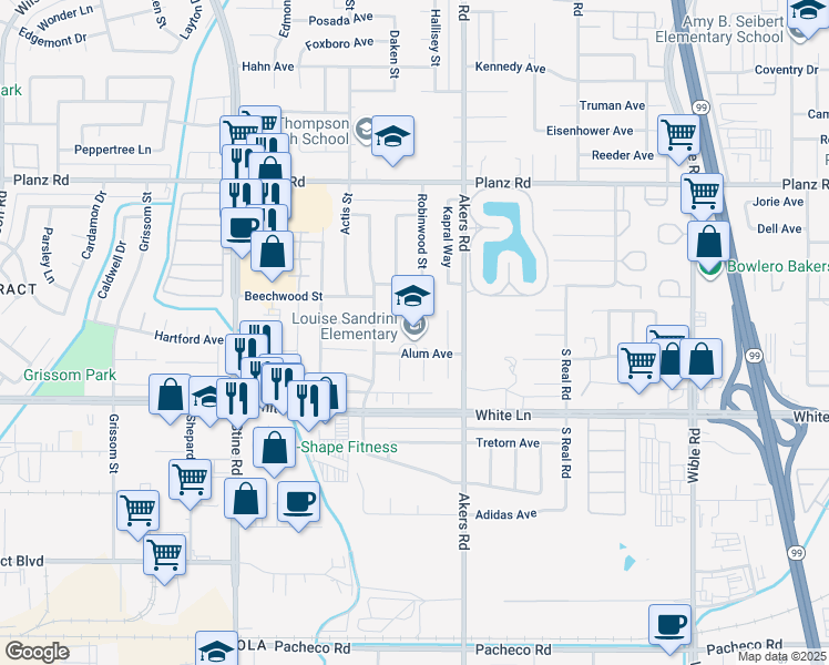 map of restaurants, bars, coffee shops, grocery stores, and more near 4100 Alum Avenue in Bakersfield