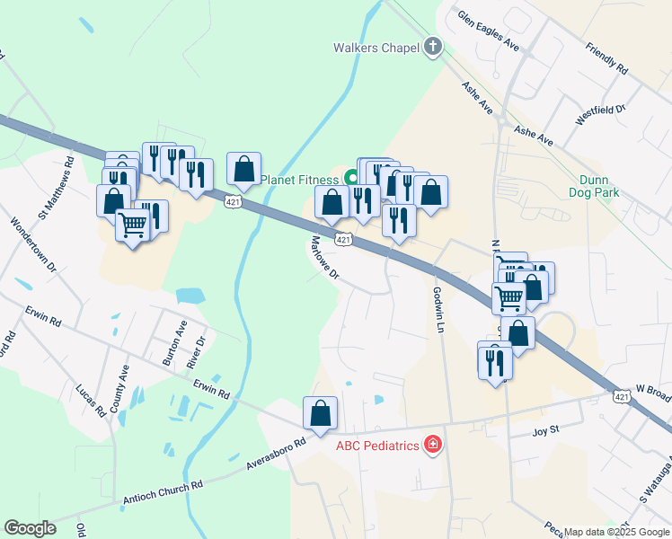 map of restaurants, bars, coffee shops, grocery stores, and more near 301 Marlowe Drive in Dunn