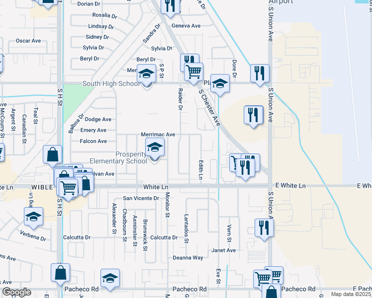 map of restaurants, bars, coffee shops, grocery stores, and more near 3821 Pontiac Street in Bakersfield