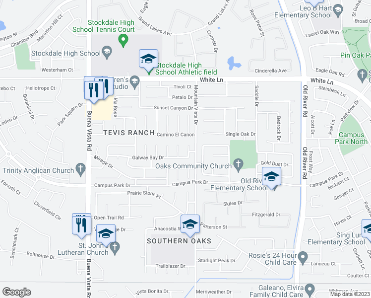 map of restaurants, bars, coffee shops, grocery stores, and more near 3717 Wensley Court in Bakersfield