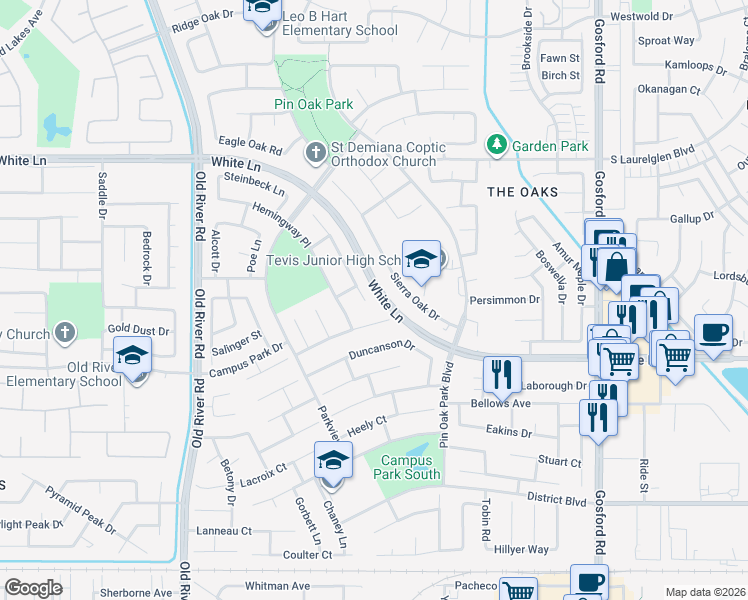 map of restaurants, bars, coffee shops, grocery stores, and more near 8904 Thurber Lane in Bakersfield
