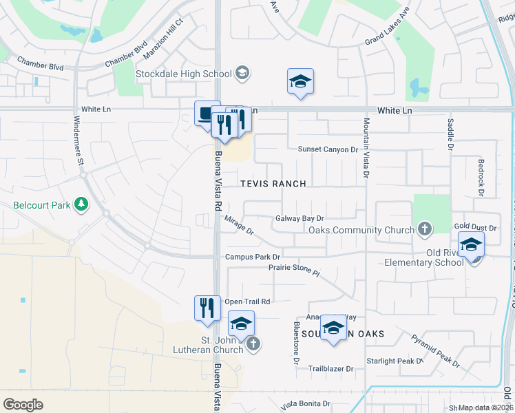 map of restaurants, bars, coffee shops, grocery stores, and more near 11025 Tipperary Drive in Bakersfield