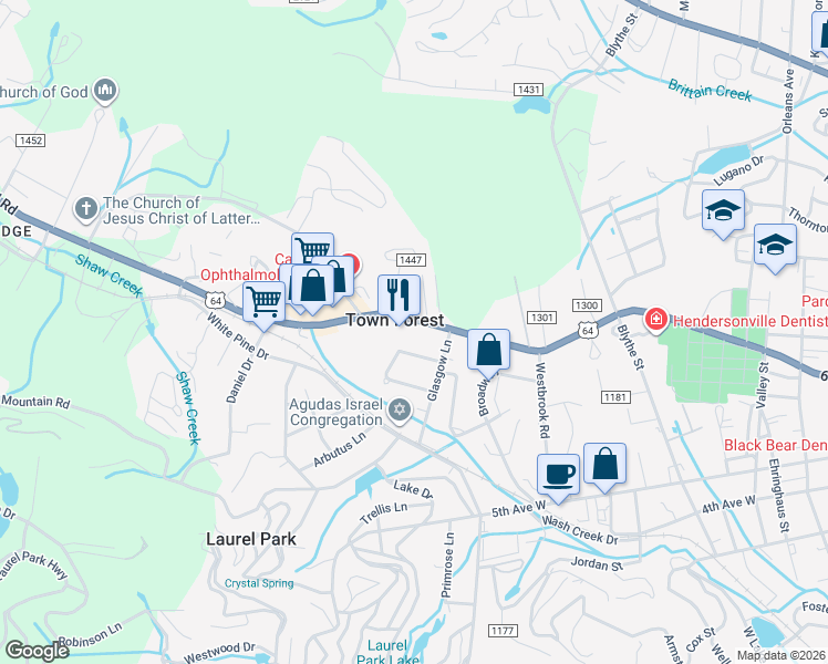 map of restaurants, bars, coffee shops, grocery stores, and more near 1615 Brevard Road in Hendersonville