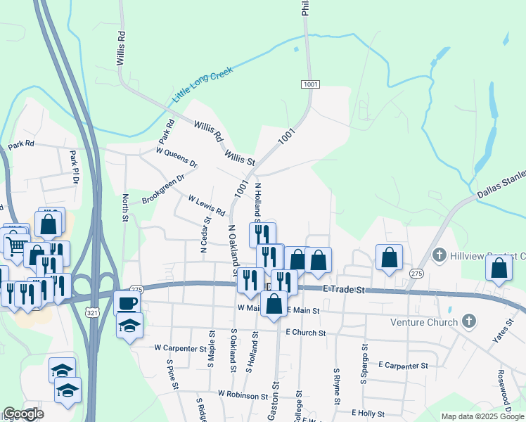 map of restaurants, bars, coffee shops, grocery stores, and more near 502 North Holland Street in Dallas