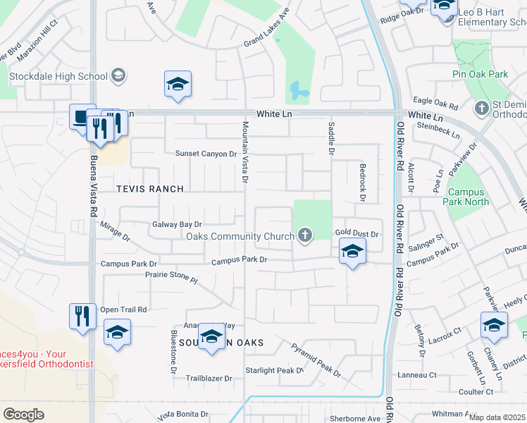 map of restaurants, bars, coffee shops, grocery stores, and more near 10321 Pepperwood Drive in Bakersfield