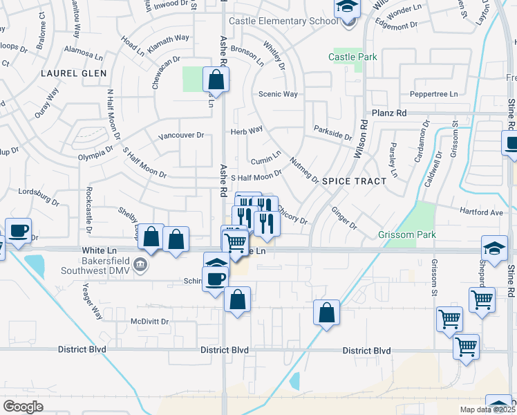 map of restaurants, bars, coffee shops, grocery stores, and more near 6113 Chicory Drive in Bakersfield