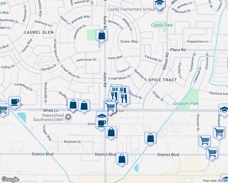 map of restaurants, bars, coffee shops, grocery stores, and more near 3777 Tumeric Lane in Bakersfield