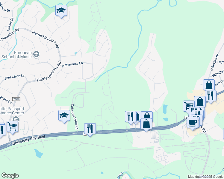 map of restaurants, bars, coffee shops, grocery stores, and more near 12015 University City Boulevard in Charlotte