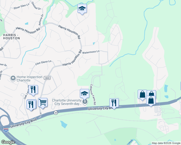 map of restaurants, bars, coffee shops, grocery stores, and more near 1951 Village Creek Court in Charlotte