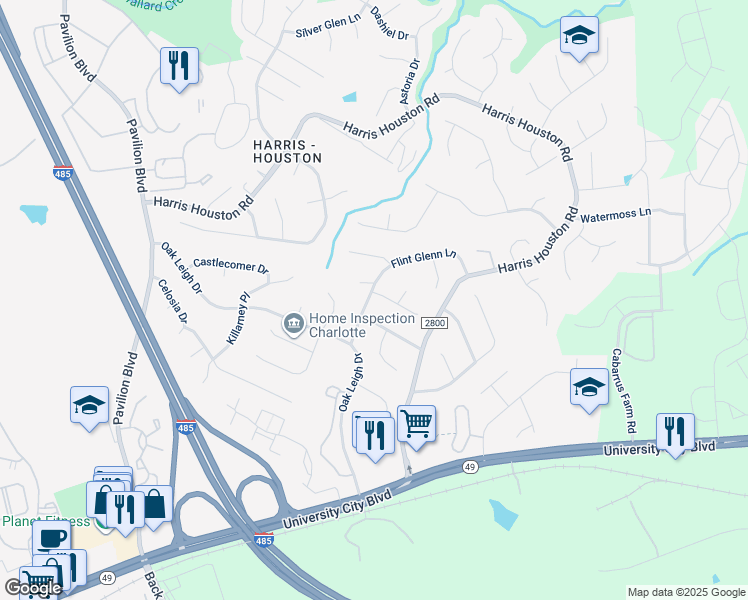 map of restaurants, bars, coffee shops, grocery stores, and more near 10708 Derry Drive in Charlotte