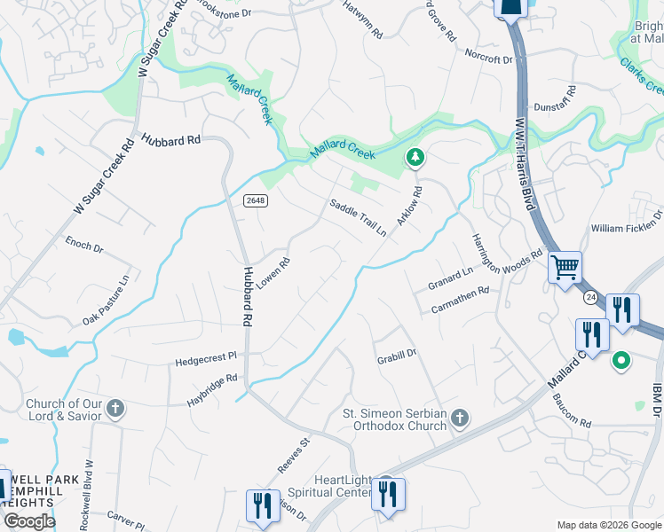 map of restaurants, bars, coffee shops, grocery stores, and more near 3610 Turnabout Place in Charlotte