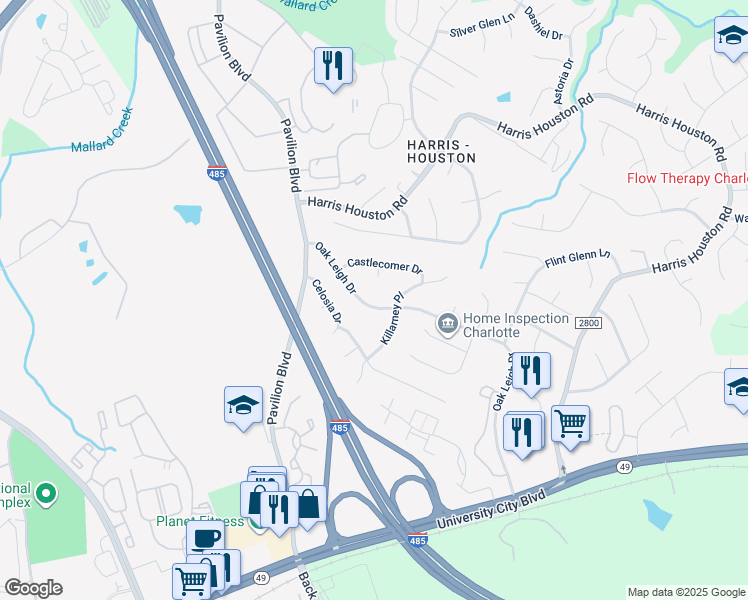 map of restaurants, bars, coffee shops, grocery stores, and more near 2320 Oak Leigh Drive in Charlotte