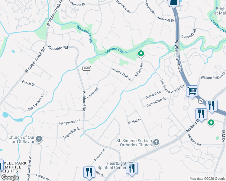 map of restaurants, bars, coffee shops, grocery stores, and more near 3610 Turnabout Place in Charlotte