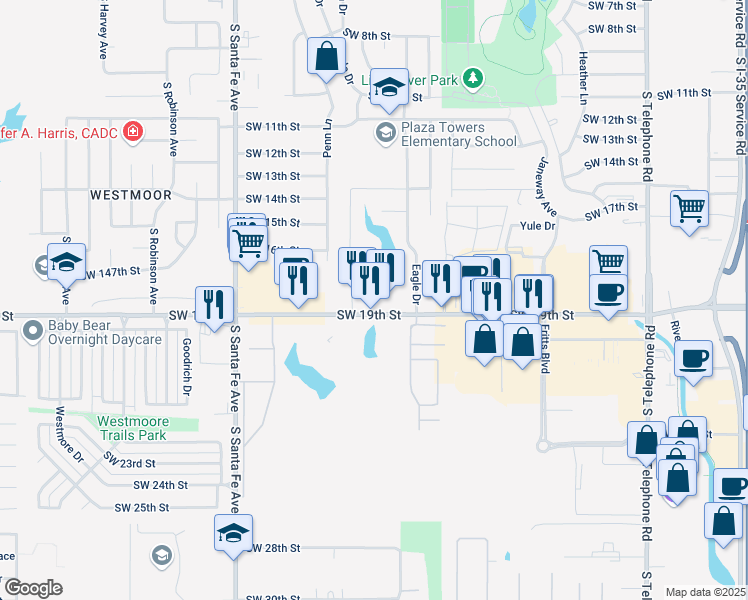 map of restaurants, bars, coffee shops, grocery stores, and more near 825 Southwest 19th Street in Moore