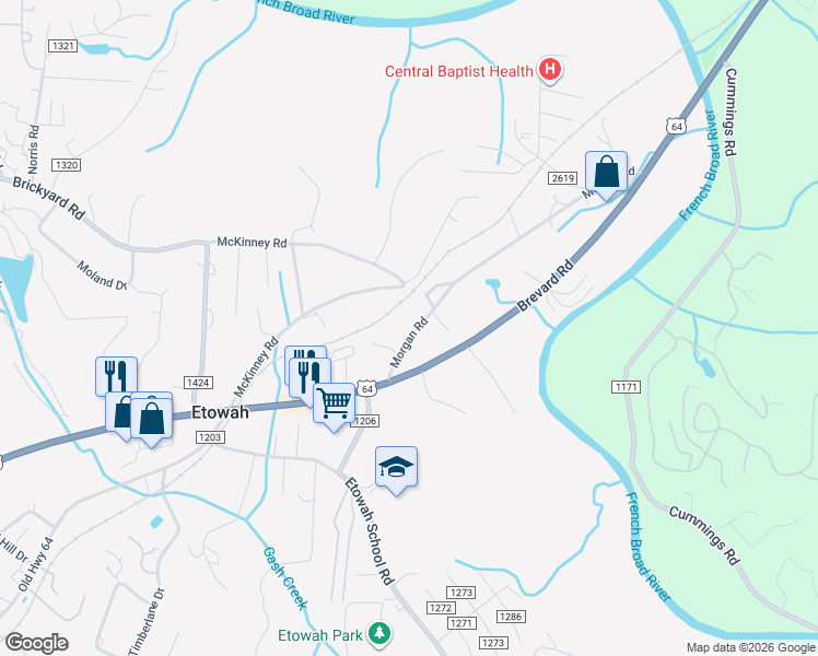 map of restaurants, bars, coffee shops, grocery stores, and more near 324 Morgan Road in Etowah