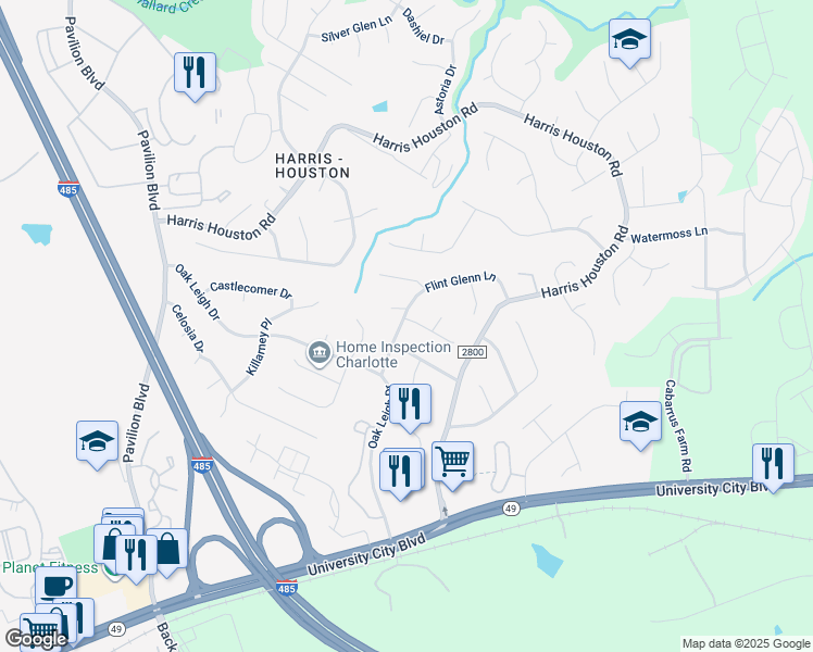 map of restaurants, bars, coffee shops, grocery stores, and more near 10708 Derry Drive in Charlotte