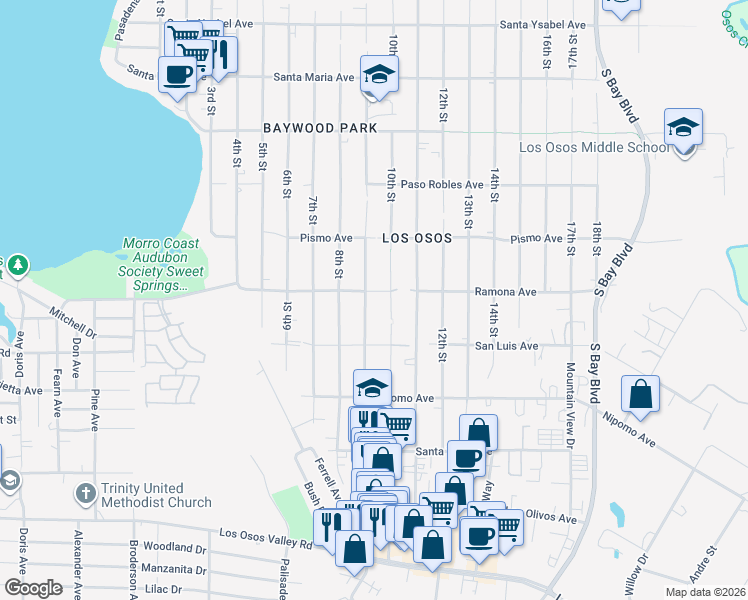 map of restaurants, bars, coffee shops, grocery stores, and more near 1025 Ramona Avenue in Baywood-Los Osos