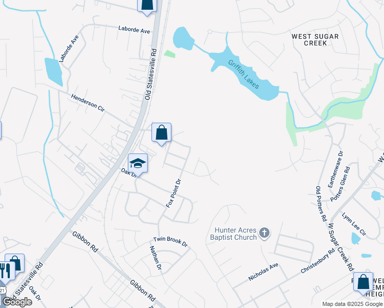 map of restaurants, bars, coffee shops, grocery stores, and more near 7342 Fox Point Drive in Charlotte