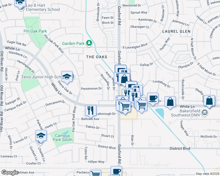 map of restaurants, bars, coffee shops, grocery stores, and more near 3900 Boswellia Drive in Bakersfield