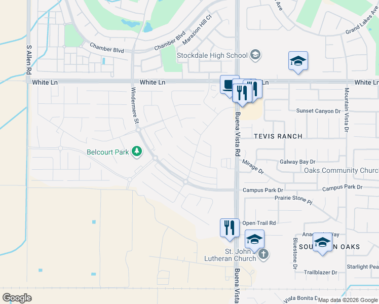 map of restaurants, bars, coffee shops, grocery stores, and more near 11712 Caramella Circle in Bakersfield