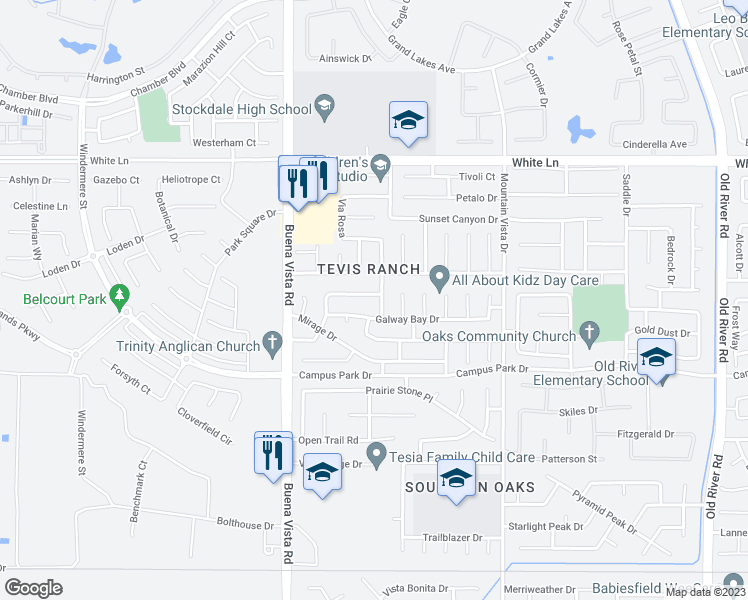 map of restaurants, bars, coffee shops, grocery stores, and more near 3801 Paseo Airosa in Bakersfield