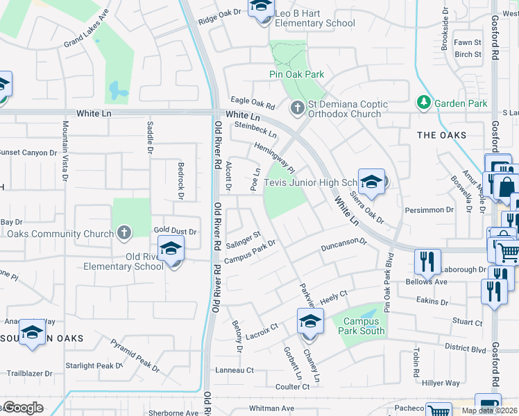 map of restaurants, bars, coffee shops, grocery stores, and more near 3815 Parkview Drive in Bakersfield