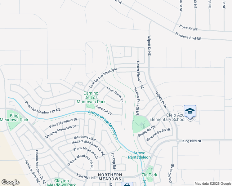 map of restaurants, bars, coffee shops, grocery stores, and more near Clear Creek Road in Rio Rancho