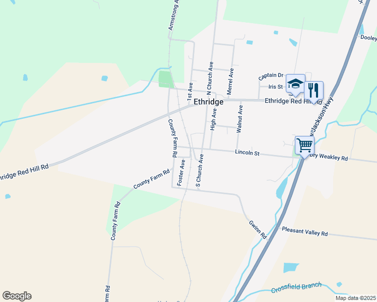 map of restaurants, bars, coffee shops, grocery stores, and more near 107 Broad Street in Ethridge