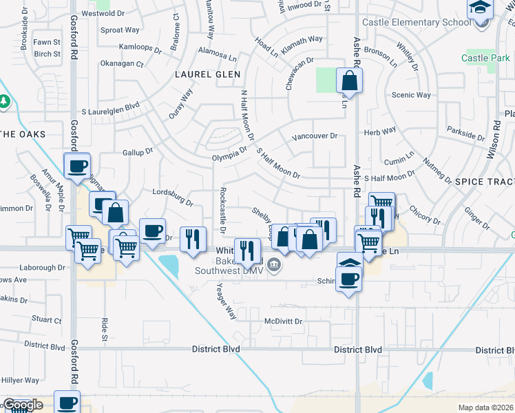 map of restaurants, bars, coffee shops, grocery stores, and more near 6832 Shelby Loop in Bakersfield