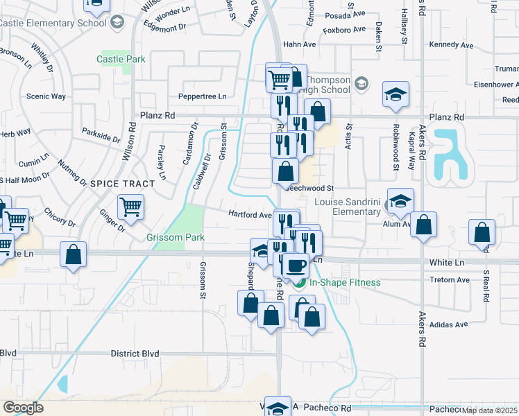 map of restaurants, bars, coffee shops, grocery stores, and more near 3709 Selby Court in Bakersfield