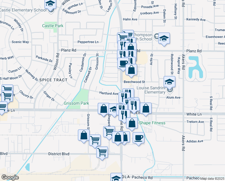 map of restaurants, bars, coffee shops, grocery stores, and more near 3709 Selby Court in Bakersfield