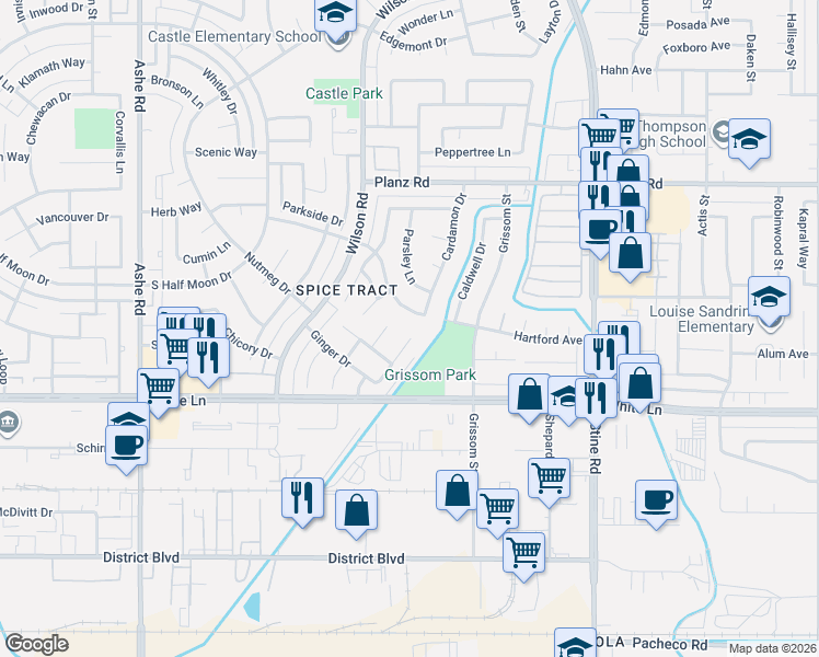 map of restaurants, bars, coffee shops, grocery stores, and more near 3805 Cinnamon Court in Bakersfield