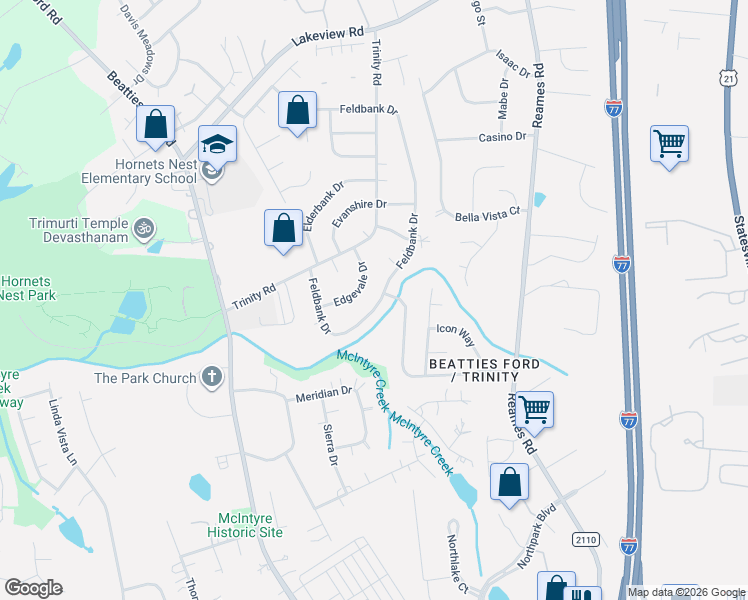 map of restaurants, bars, coffee shops, grocery stores, and more near 9300 Edgevale Drive in Charlotte