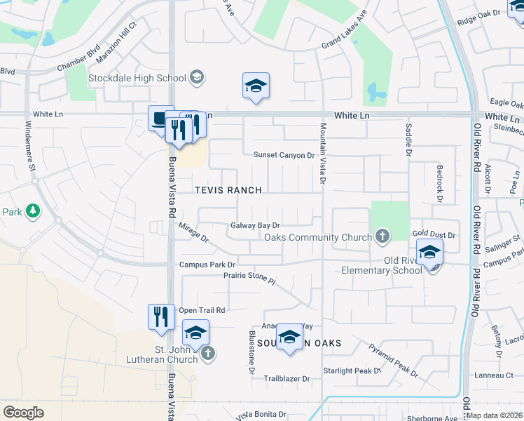 map of restaurants, bars, coffee shops, grocery stores, and more near 3715 Leyburn Court in Bakersfield