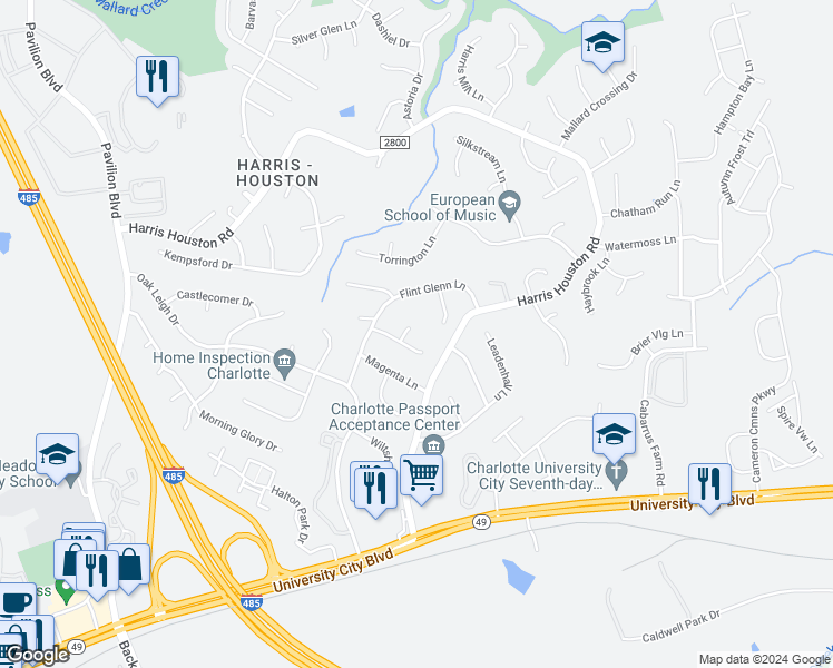 map of restaurants, bars, coffee shops, grocery stores, and more near 2012 Bantry Lane in Charlotte
