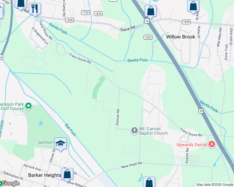 map of restaurants, bars, coffee shops, grocery stores, and more near 50A Duncan Road in Flat Rock