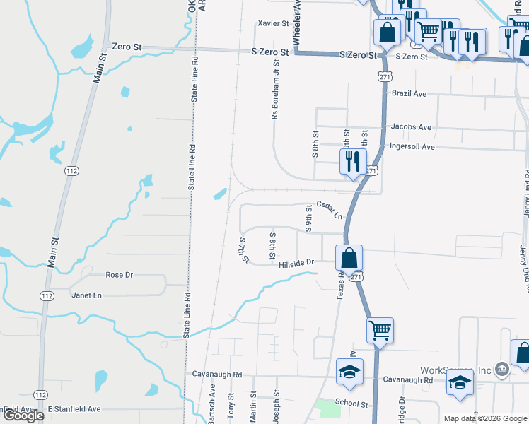 map of restaurants, bars, coffee shops, grocery stores, and more near 704 Cedar Lane in Fort Smith
