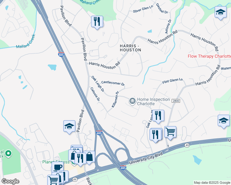 map of restaurants, bars, coffee shops, grocery stores, and more near 2105 Killarney Place in Charlotte