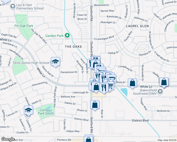 map of restaurants, bars, coffee shops, grocery stores, and more near 3816 Amur Maple Drive in Bakersfield