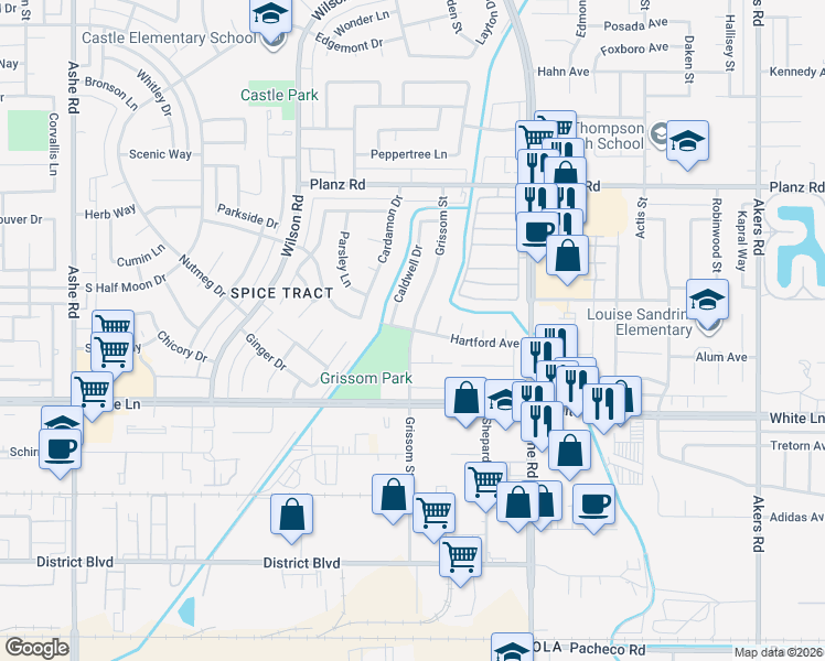 map of restaurants, bars, coffee shops, grocery stores, and more near Grissom Street & Hartford Avenue in Bakersfield