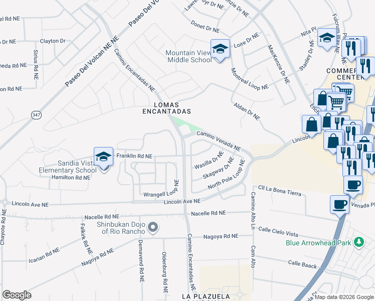map of restaurants, bars, coffee shops, grocery stores, and more near 3733 North Pole Loop Northeast in Rio Rancho