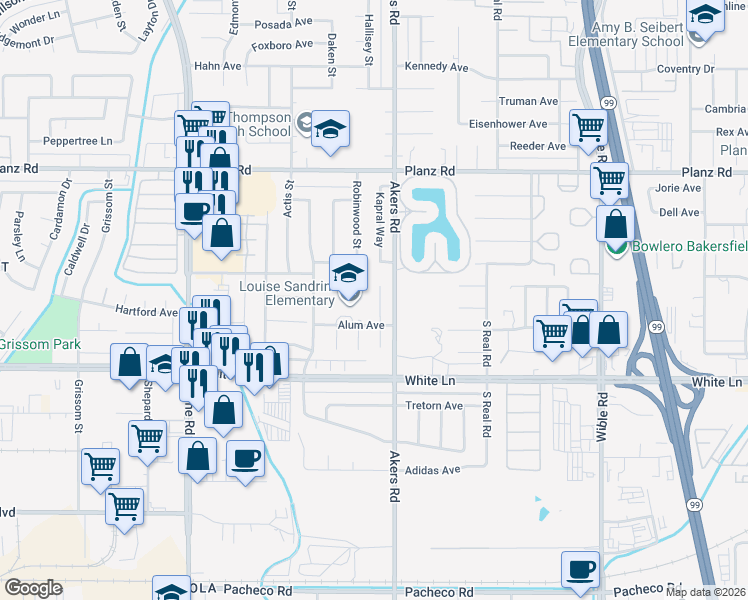 map of restaurants, bars, coffee shops, grocery stores, and more near 3721 Celine Court in Bakersfield