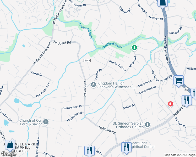 map of restaurants, bars, coffee shops, grocery stores, and more near 7012 Lowen Road in Charlotte