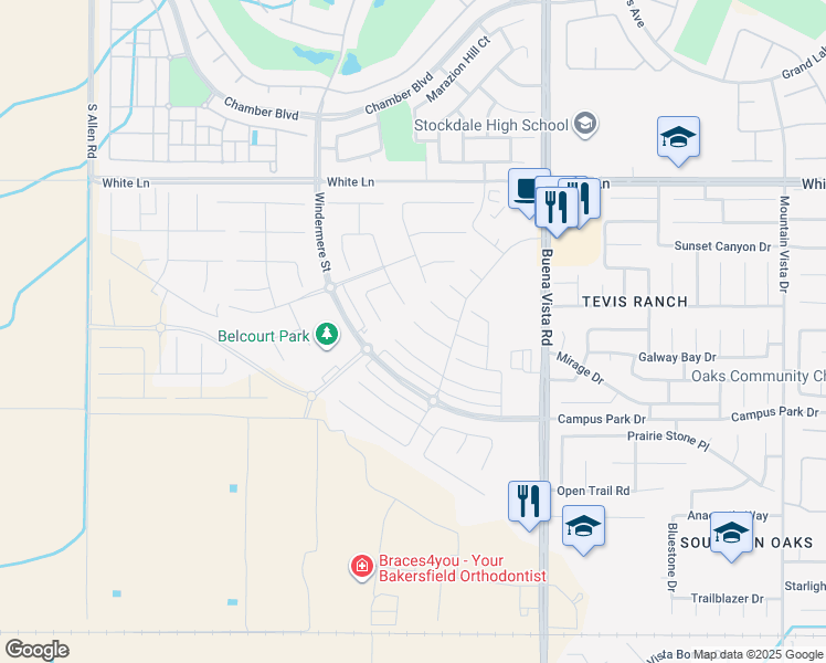 map of restaurants, bars, coffee shops, grocery stores, and more near 11807 Caramella Circle in Bakersfield