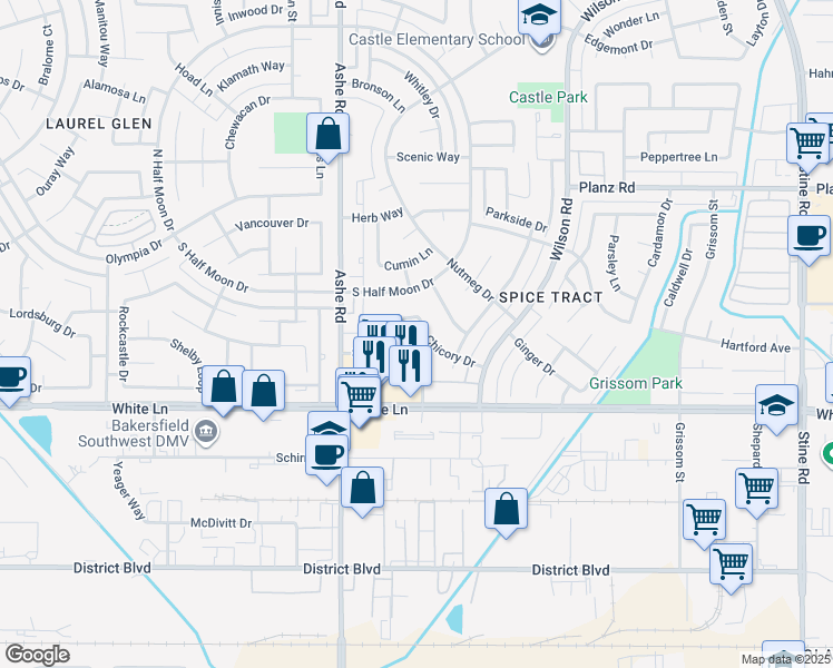 map of restaurants, bars, coffee shops, grocery stores, and more near 6005 Chicory Drive in Bakersfield