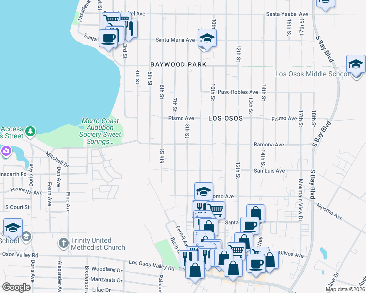map of restaurants, bars, coffee shops, grocery stores, and more near 1701 8th Street in Baywood-Los Osos