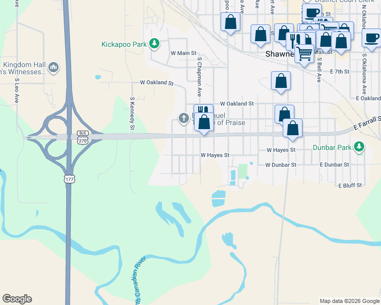 map of restaurants, bars, coffee shops, grocery stores, and more near 629 South Pottenger Avenue in Shawnee