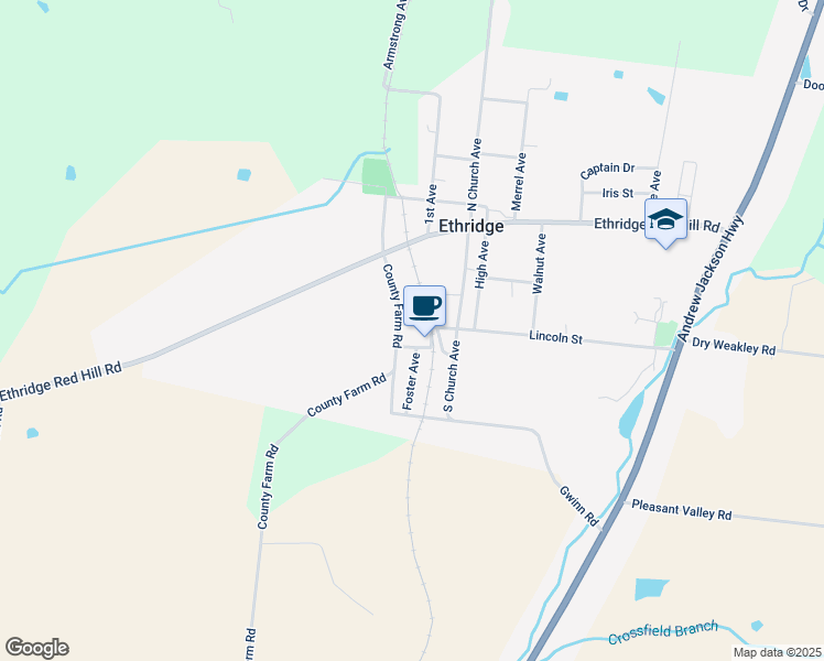 map of restaurants, bars, coffee shops, grocery stores, and more near 107 Broad Street in Ethridge